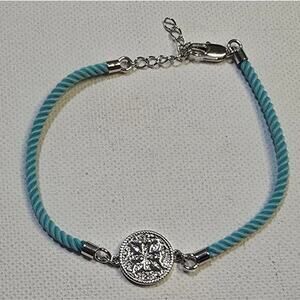 Rustic Cuff Aqua Cord Bracelet w/ Silver RC‎ Logo Medallion Charm - RARE!